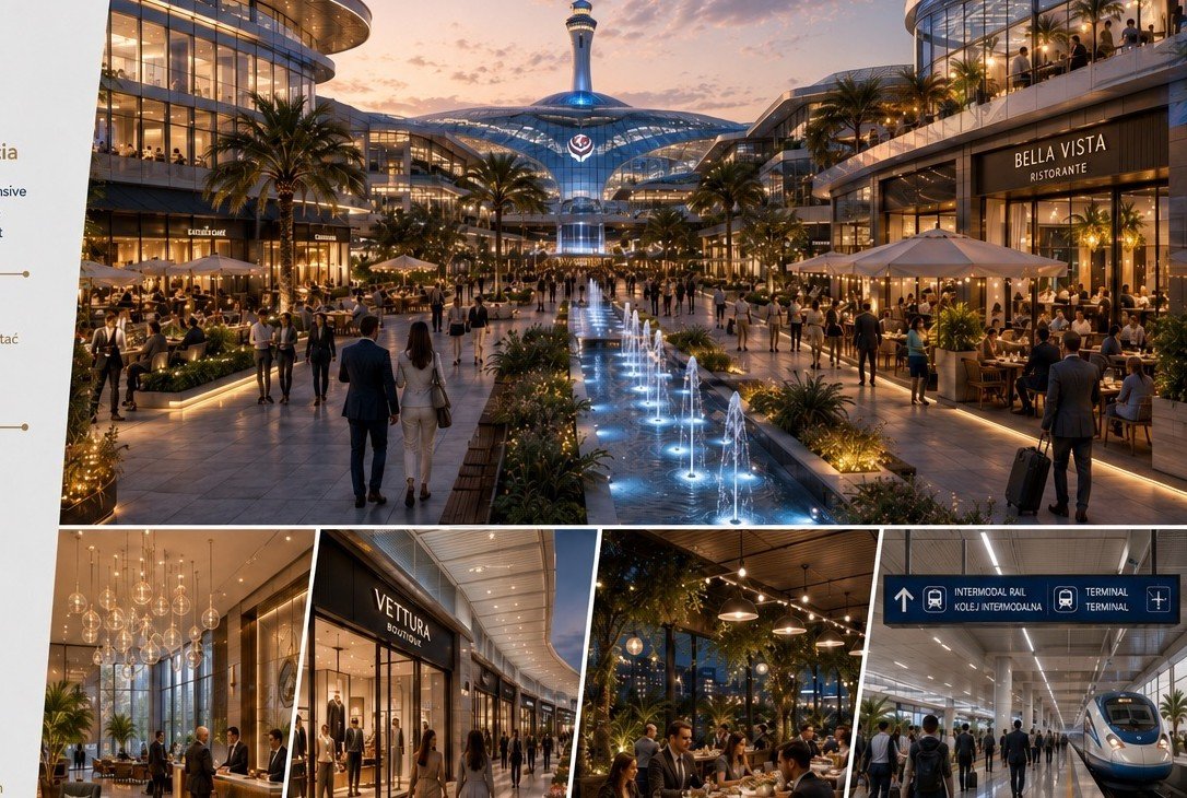 Conceptual Airport City with business, hospitality and public spaces