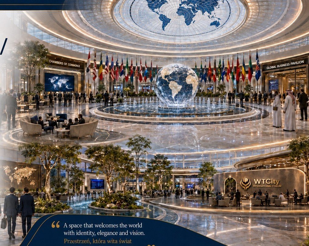 Conceptual global plaza bringing institutions and people together